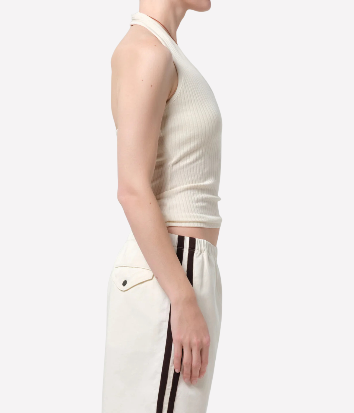 Citizens of Humanity Thea Halter in Dune, side view showing the fitted ribbed silhouette.