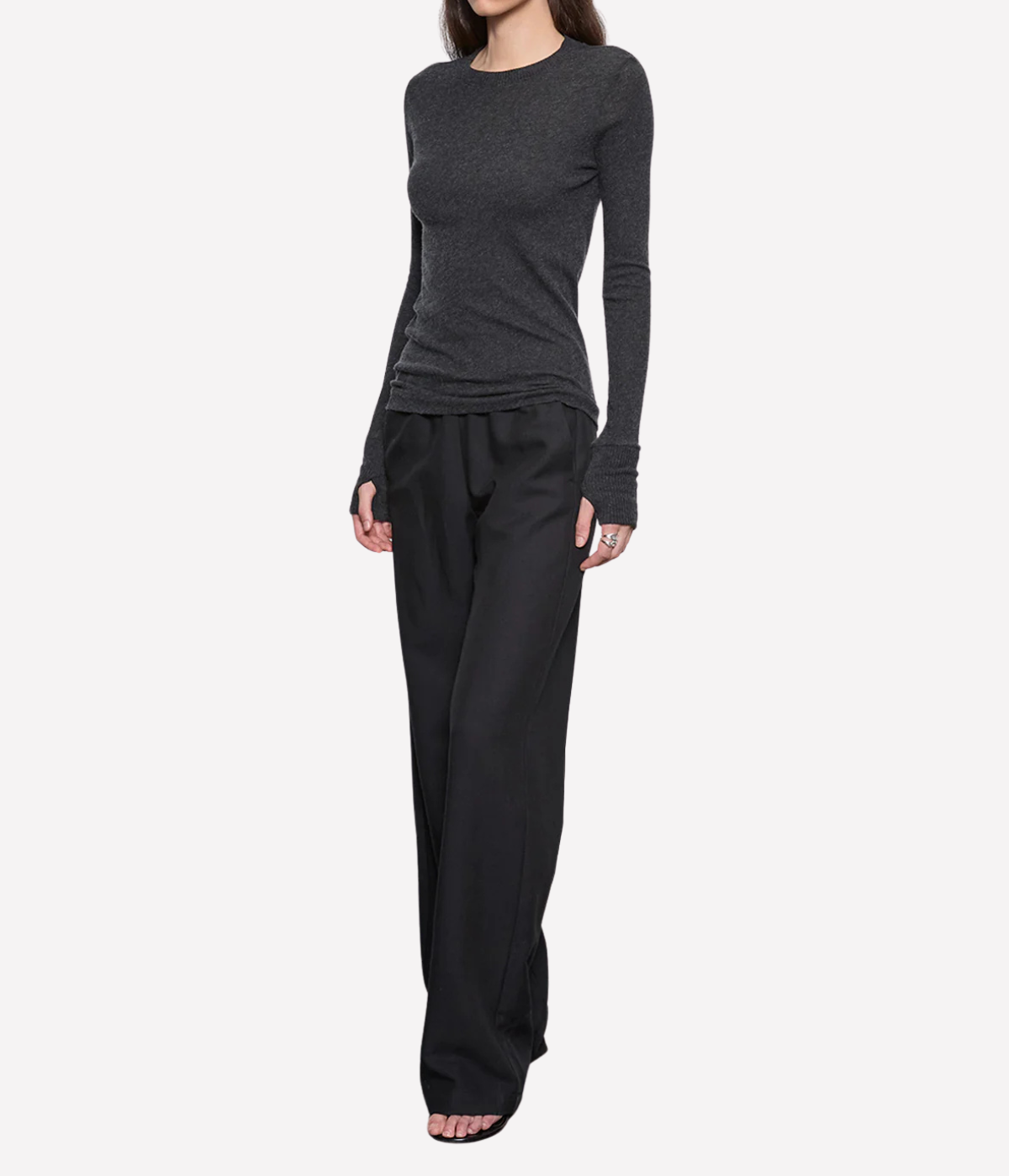 Cashmere Easy Cuffed Crew Top in Charcoal