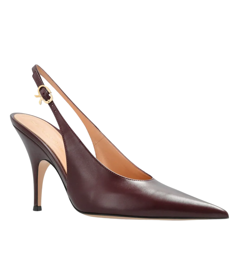 Gianvito Rossi Sofia Sling 70 in Bourgogne angled from the front, showing the pointed toe, curved stiletto heel, tan leather lining and adjustable slingback strap