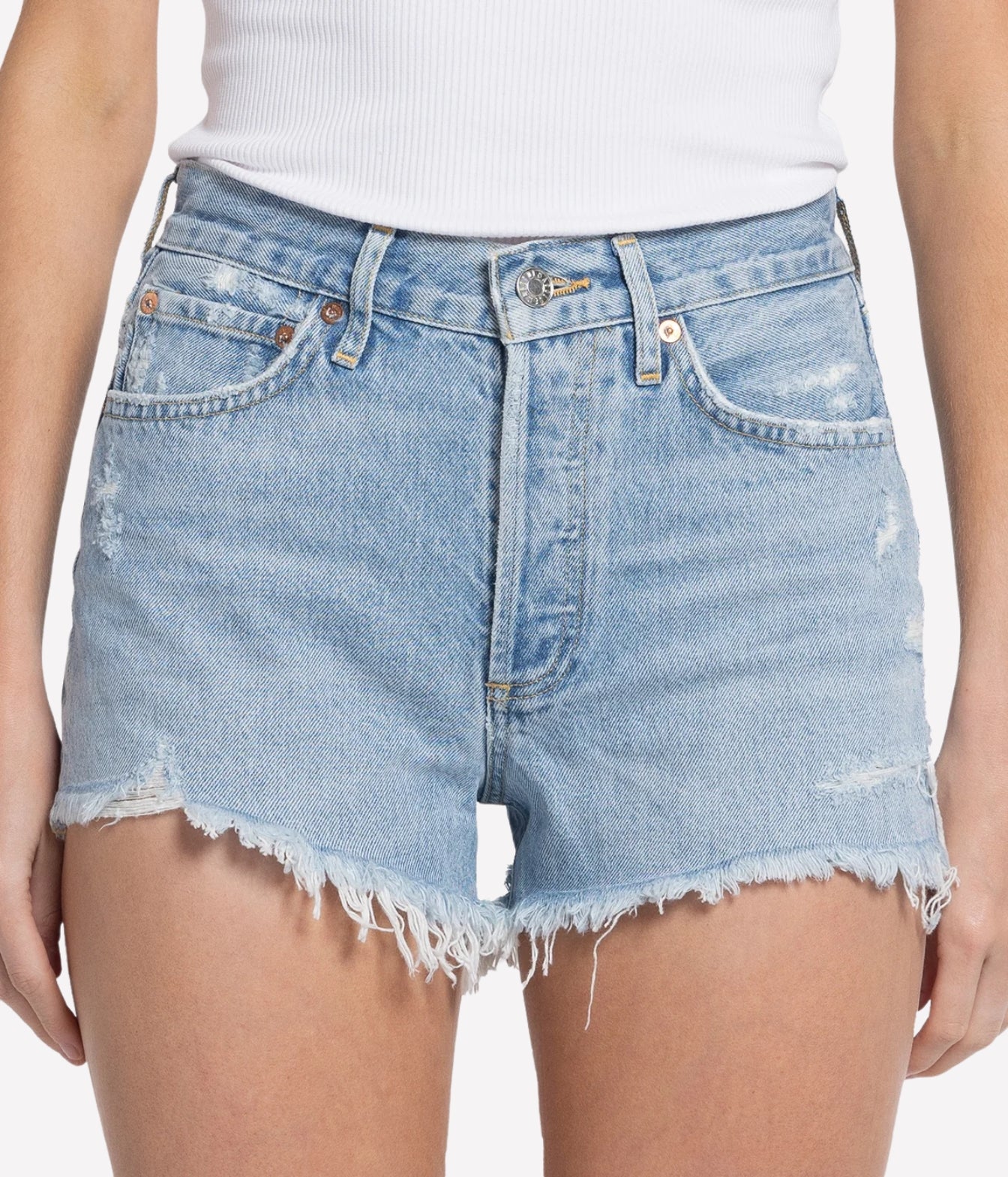 AGOLDE Parker Short, a high-rise denim short crafted from regenerative cotton in a bright indigo wash with a relaxed, vintage-inspired fit