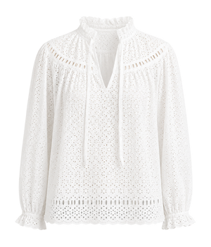 Ulla Johnson Avelie Long Sleeve Cotton Blouse In Pristine, laid flat, showing the V-neckline with self-tie and eyelet embroidery