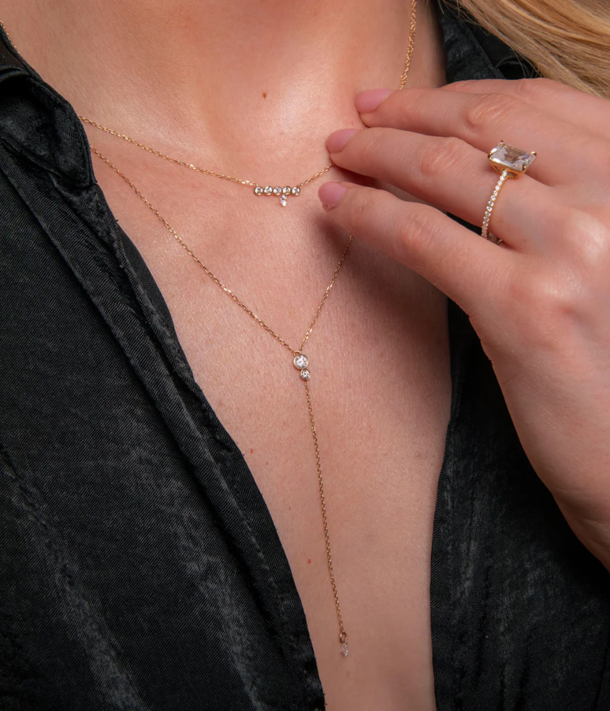 Duo Pierced Diamond Drop Lariat Necklace