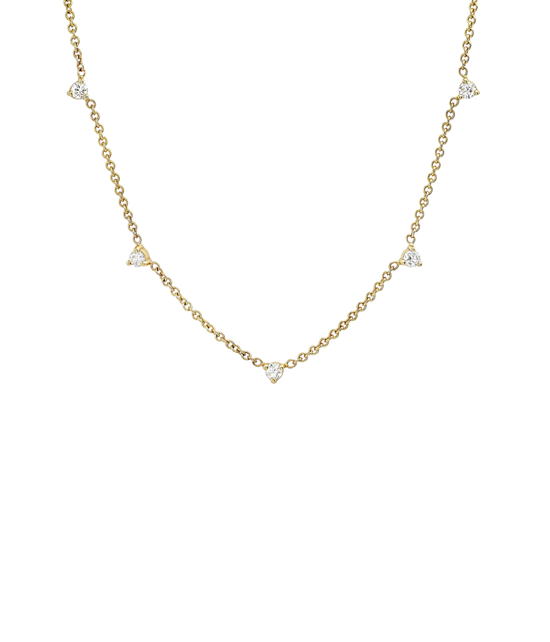Shylee Rose 5 Floating Diamond Necklace In 14K Yellow Gold laid flat, showing five prong-set diamonds spaced evenly along a fine gold cable chain