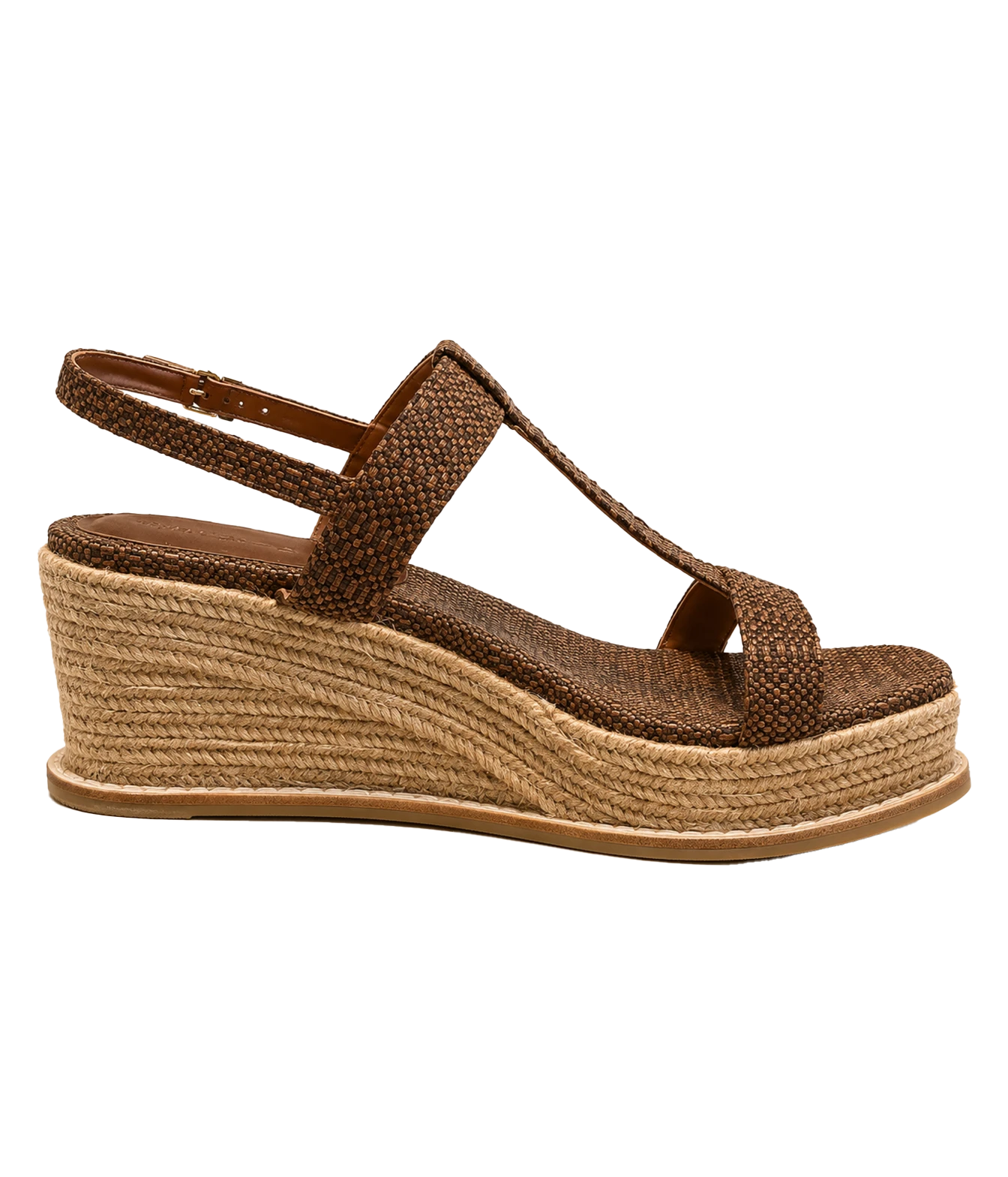 A single women's wedge sandal with textured brown straps and a braided jute platform wedge heel, shown in a side profile on a white background.