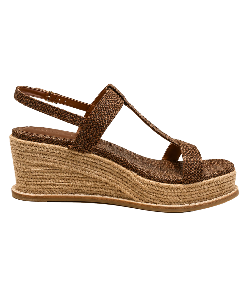 A single women's wedge sandal with textured brown straps and a braided jute platform wedge heel, shown in a side profile on a white background.
