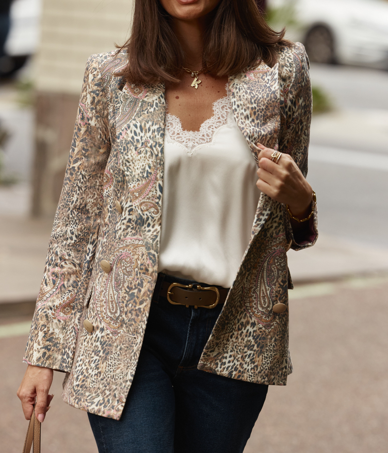 Cambrie Oversized Blazer In Tan Valencia Leopard
