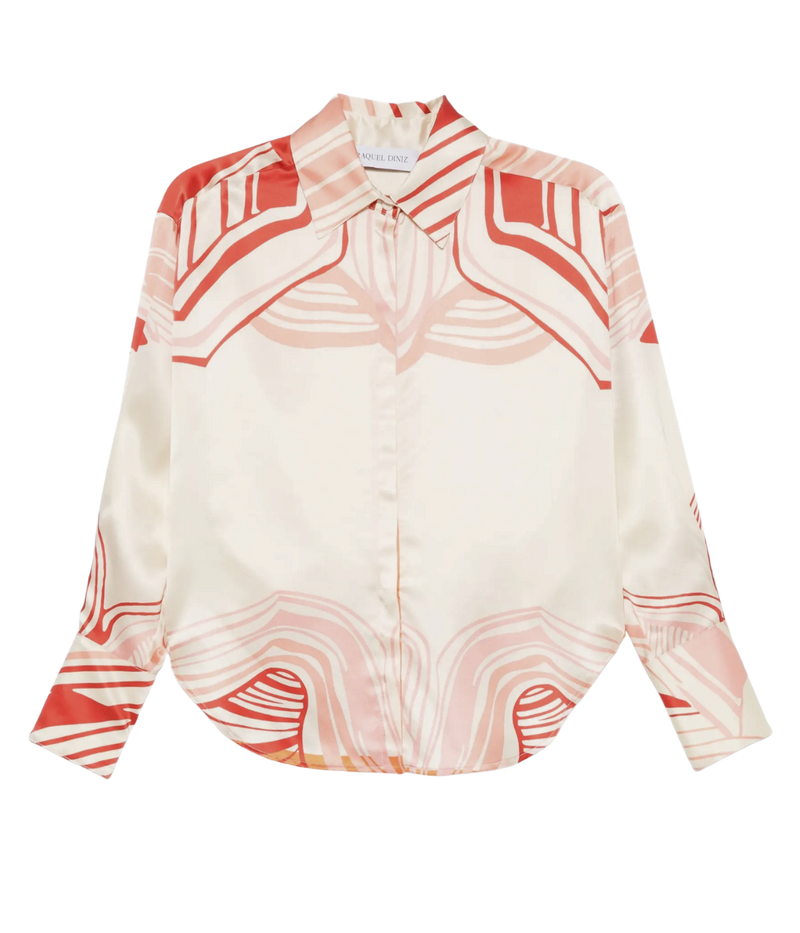 White blouse with red and pink abstract pattern on a transparent background