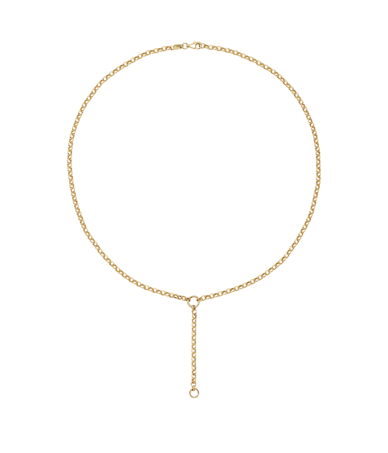 A delicate gold chain necklace with a Y-shaped drop and an adjustable extender chain, displayed on a clean white background.