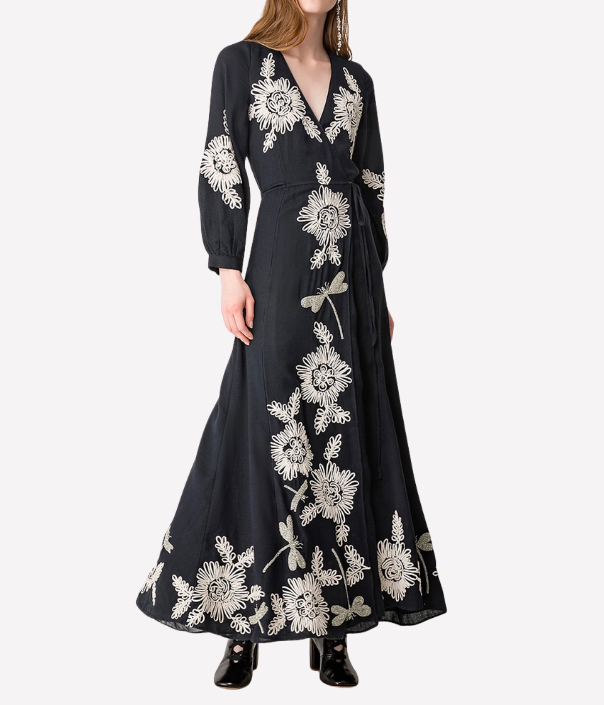 Voila' une fleur" embroidery wool gauze dress in notte