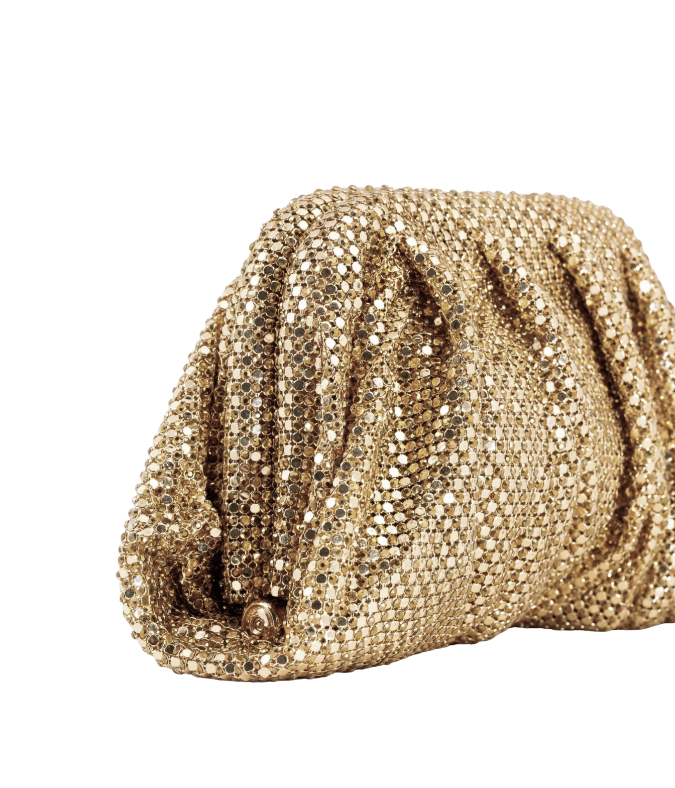 A gold sequined mesh clutch purse with a pleated, gathered design, shown on a plain white background.