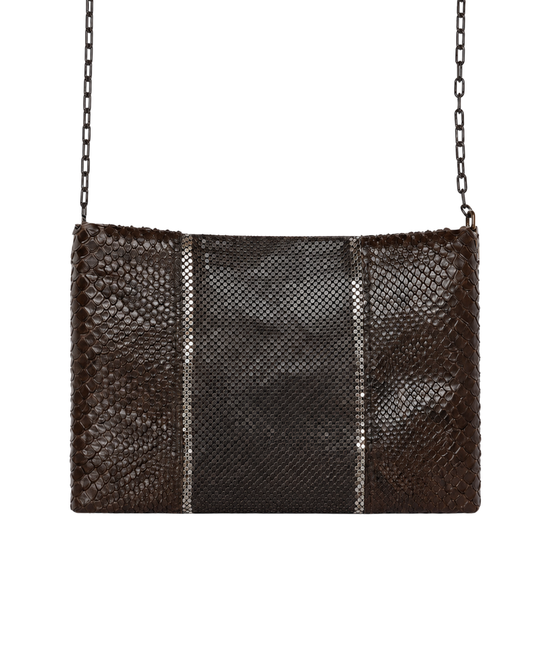 A dark brown snakeskin-patterned clutch bag with a chain strap, shown against a plain white background.