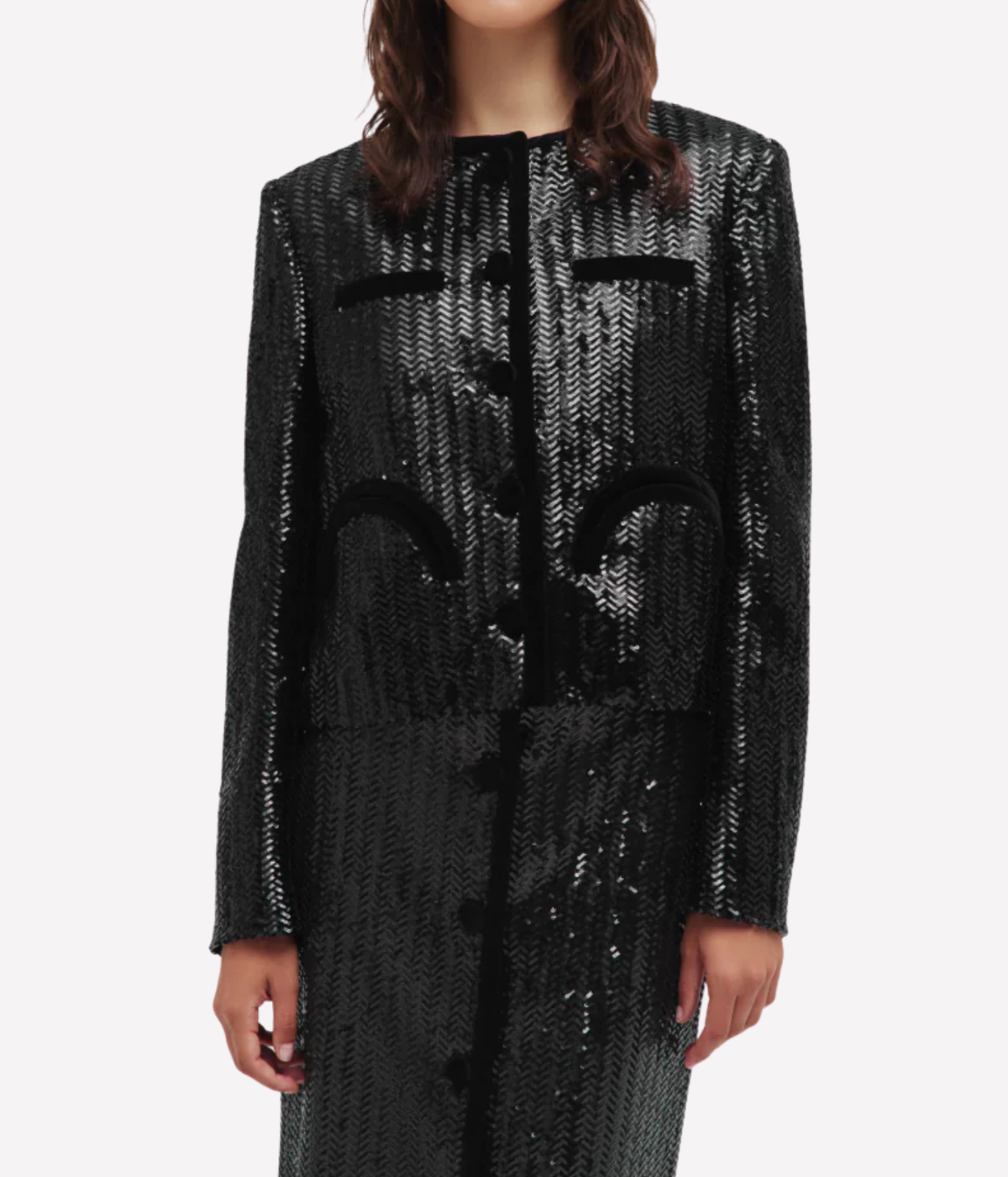 All About You Shamo Bolero In Black - close up shot of model wearing shamo bolero blazer in black sequin fabric
