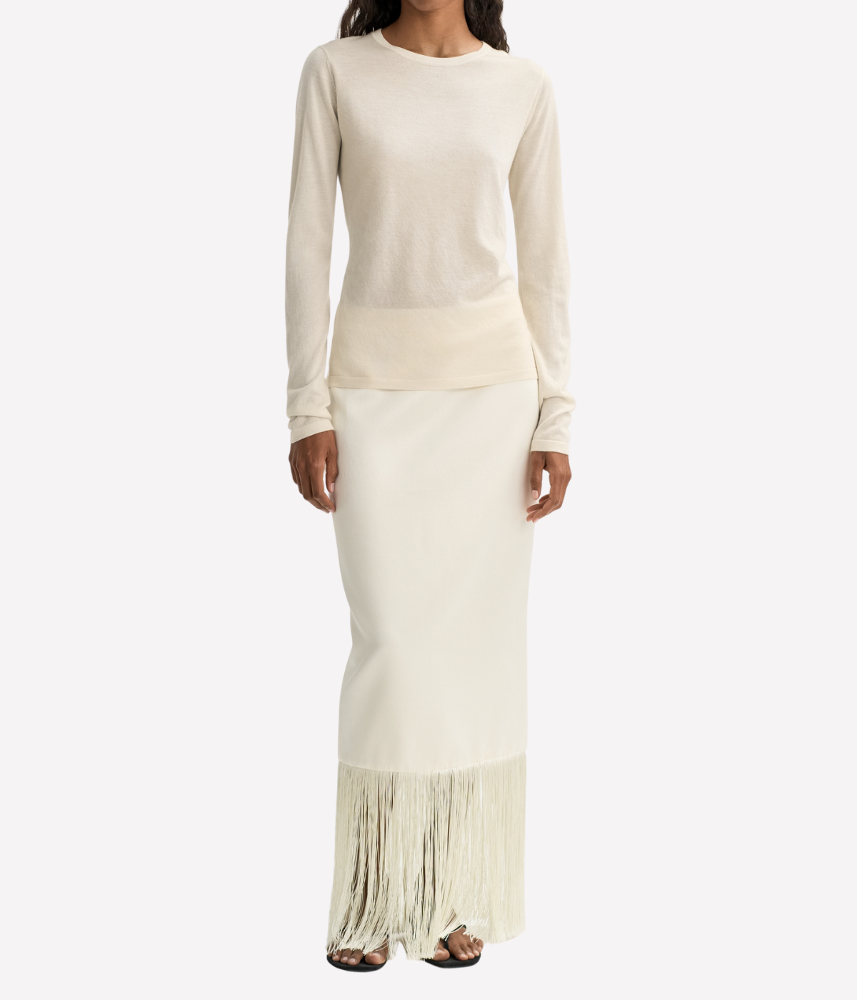 Soft Goat Featherlight Crewneck Sweater in Feather White – Full Model View