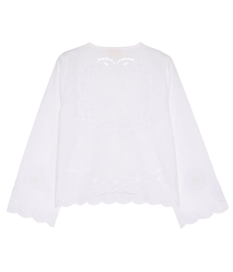 Back view of the Sissel Edelbo Ester Shirt in Ecru, showing the wide long sleeves, relaxed shape and scalloped embroidered hem