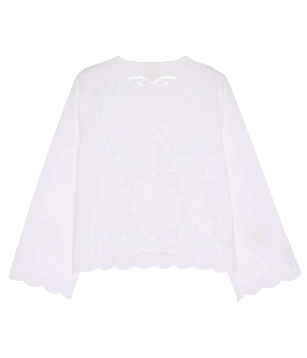 Sissel Edelbo Ester Shirt in Ecru laid flat from the back, showing the cutwork detail below the neckline, embroidered sleeve motifs and wide scalloped sleeves