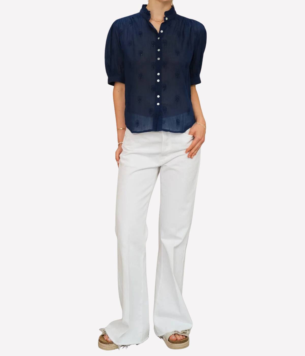 Model wearing the M.A.B.E Frani Embroidered Short Sleeve Top in Indigo – front view