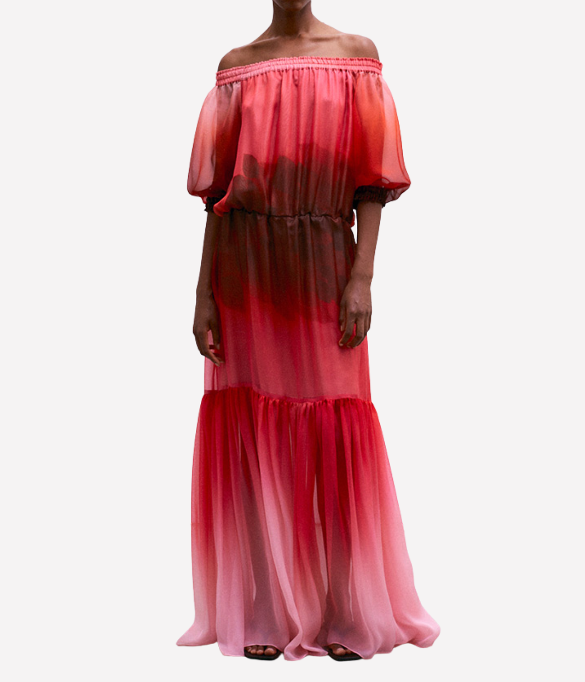 Red and pink gradient off-shoulder dress on a white background