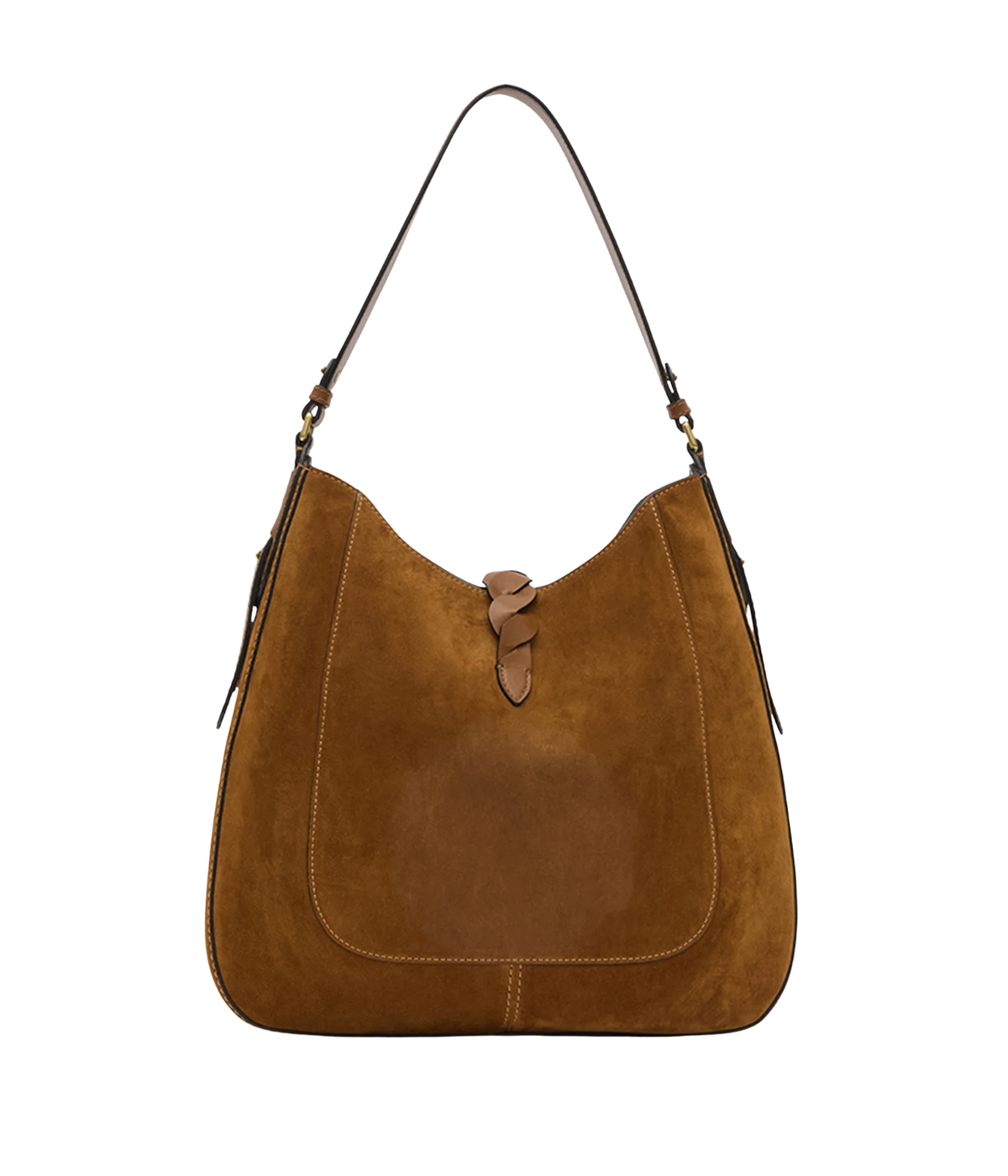 Isabel Marant Altay Hobo Day Bag in Cognac suede, shown from the back with its curved silhouette