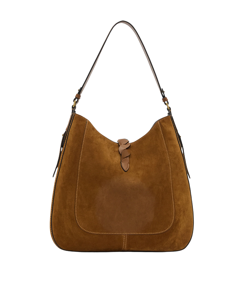 Isabel Marant Altay Hobo Day Bag in Cognac suede, shown from the back with its curved silhouette