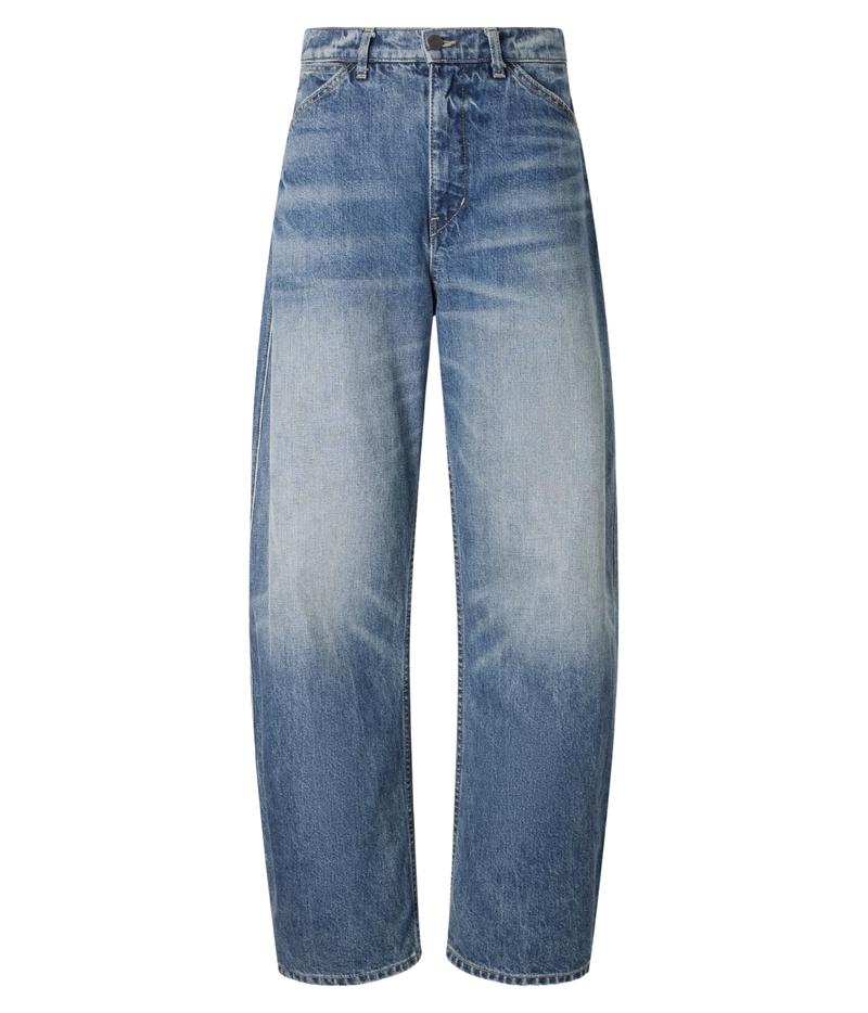A pair of high-waisted, wide-leg blue jeans with a vertical fading effect that transitions from medium blue at the waist to a very light, almost white wash at the lower legs, shown against a plain white background.