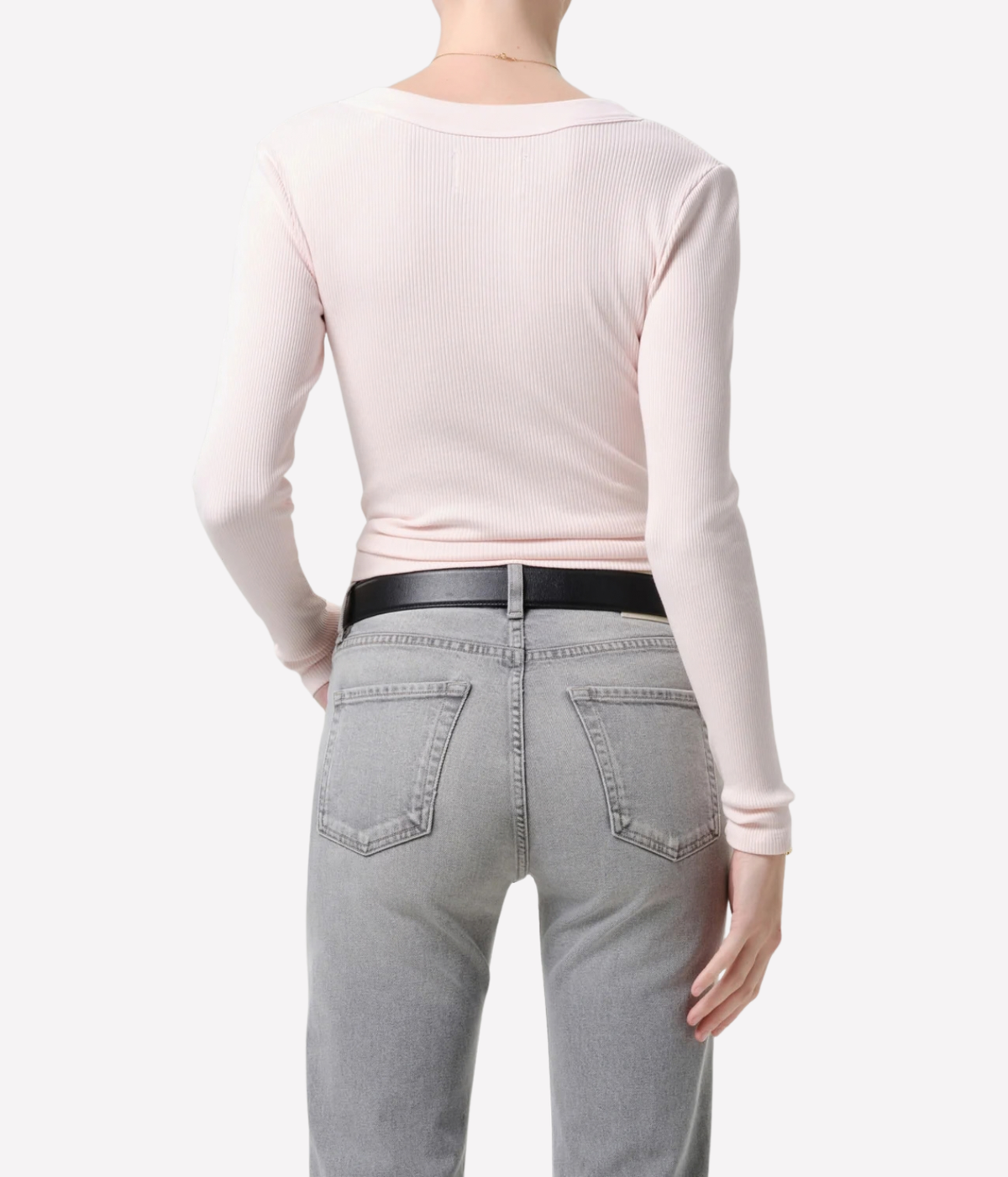 Citizens of Humanity Varra Henley Organic Cotton Top in Pink Peppercorn, back view showing the long sleeves and slim fit.