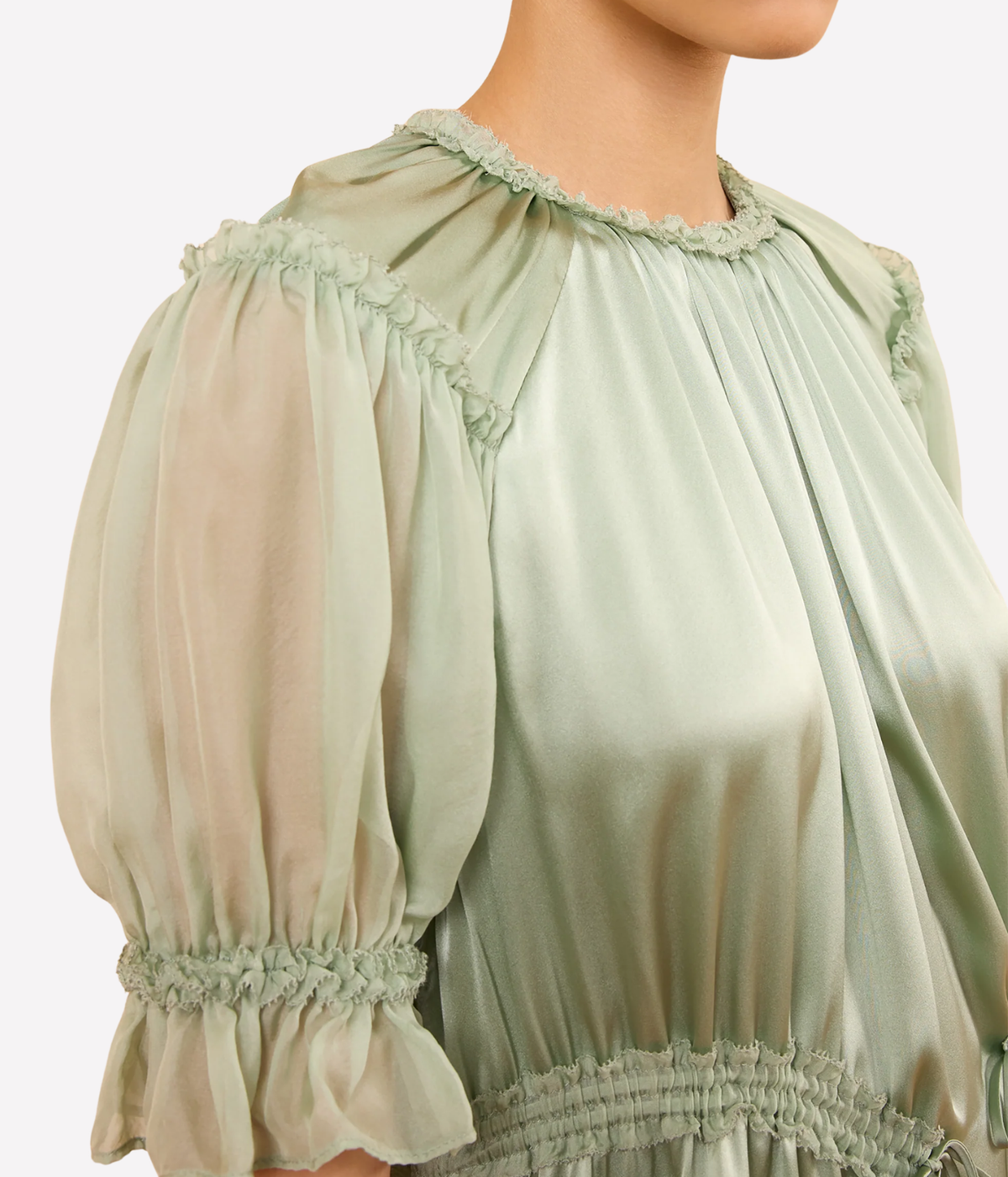Close-up of the Juliette Short Sleeve Mini Dress in Cleadon, highlighting the gathered neckline, sheer puff sleeves and delicate ruffle detailing.