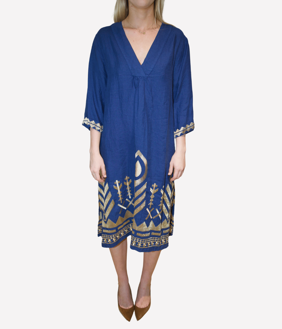 *FINAL SALE* V Neck Feather Dress in Indigo Gold