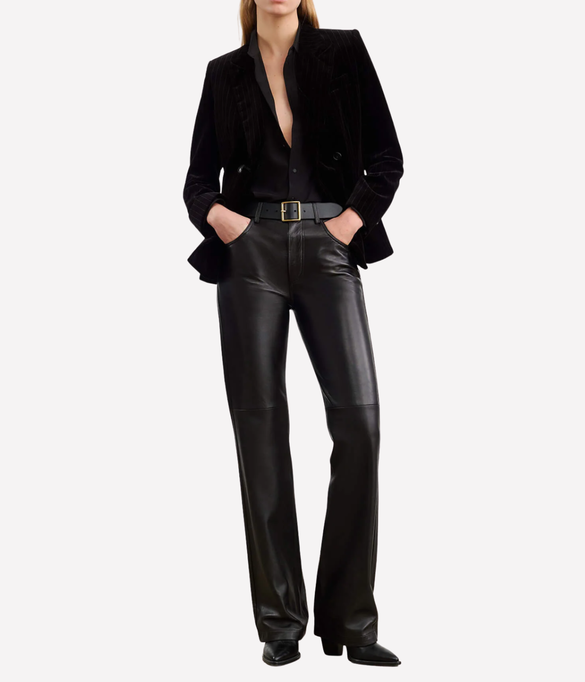 Nili Lotan Joan Leather Pant in black worn on model, full length view of slim straight leg leather trousers styled sleek and fitted