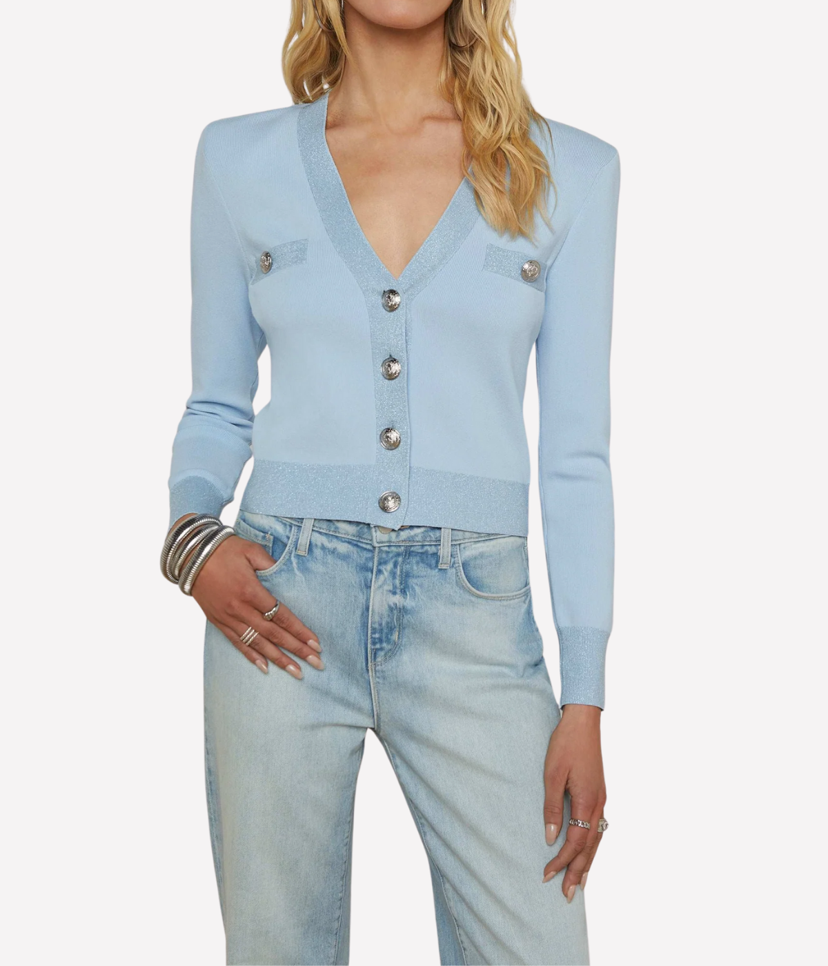 Taya Cropped V Cardigan in Blue Fog