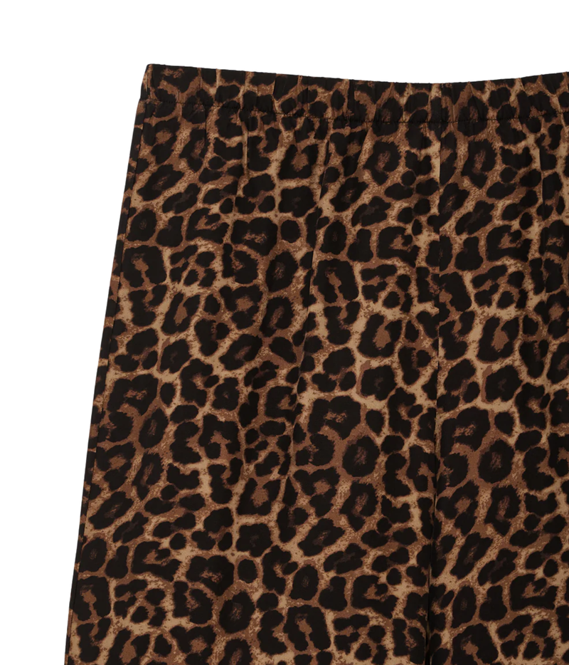 Close-up of leopard print fabric in brown, black, and tan, showing the pattern and texture against a white background.