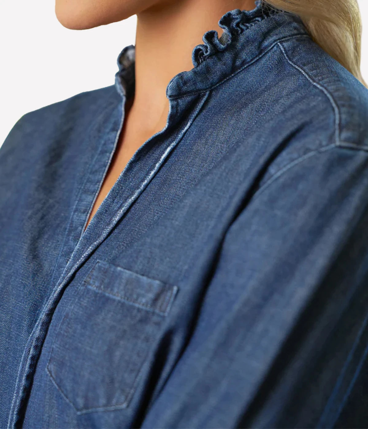 Eileen Ruffle Collar Button-Up in Vintage Dark Wash