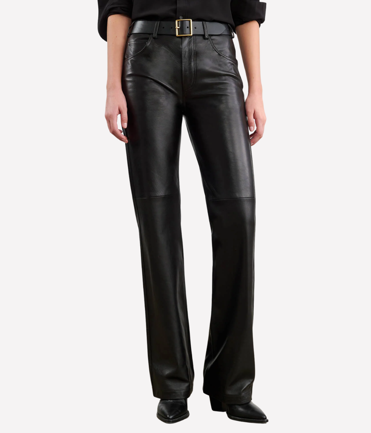 Nili Lotan Joan Leather Pant in Black, lower half on model showing high-rise slim straight-leg fit with structured leather silhouette and clean tailoring.
