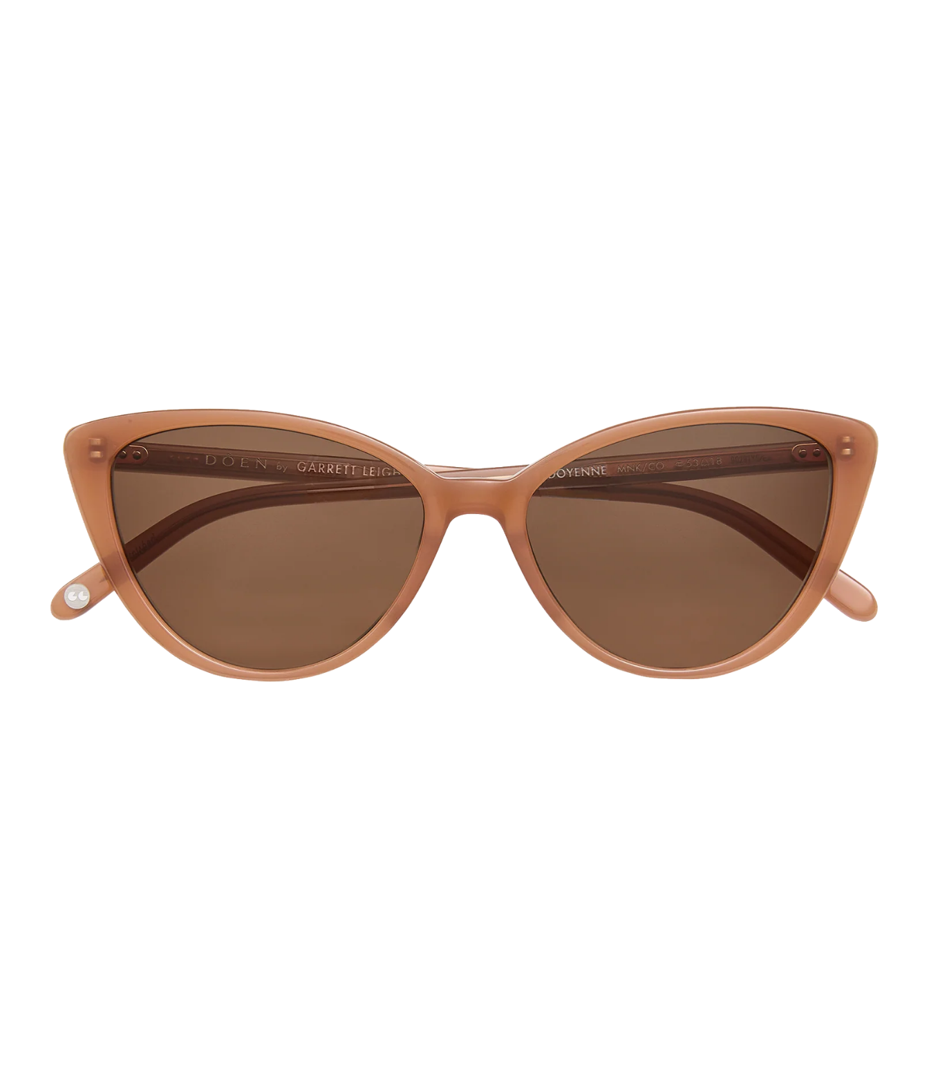 Cats-eye sunglasses with a translucent peach-pink frame and brown tinted lenses
