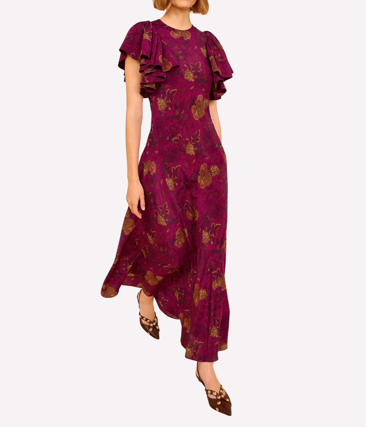 Mariam Silk Bias Cut Flutter Sleeve Dress in PEONY