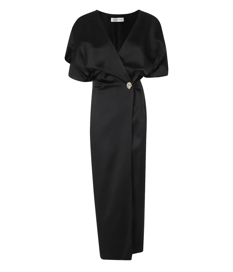 Raquel Diniz Anastasia Midi Dress in Black laid flat, showing the satin wrap V-neckline, draped short puff sleeves, jewelled side button and slim column midi skirt