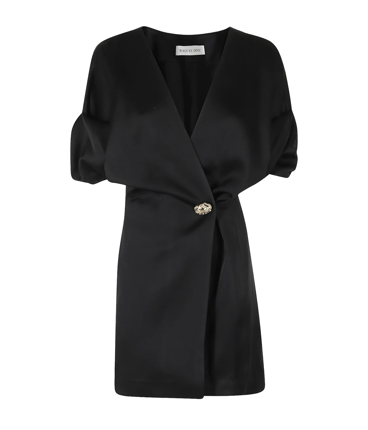 Raquel Diniz Anastasia Short Dress in Black laid flat, showing the satin wrap V-neckline, draped short puff sleeves and jewelled button fastening at the side