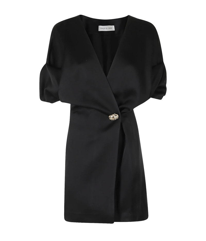 Raquel Diniz Anastasia Short Dress in Black laid flat, showing the satin wrap V-neckline, draped short puff sleeves and jewelled button fastening at the side
