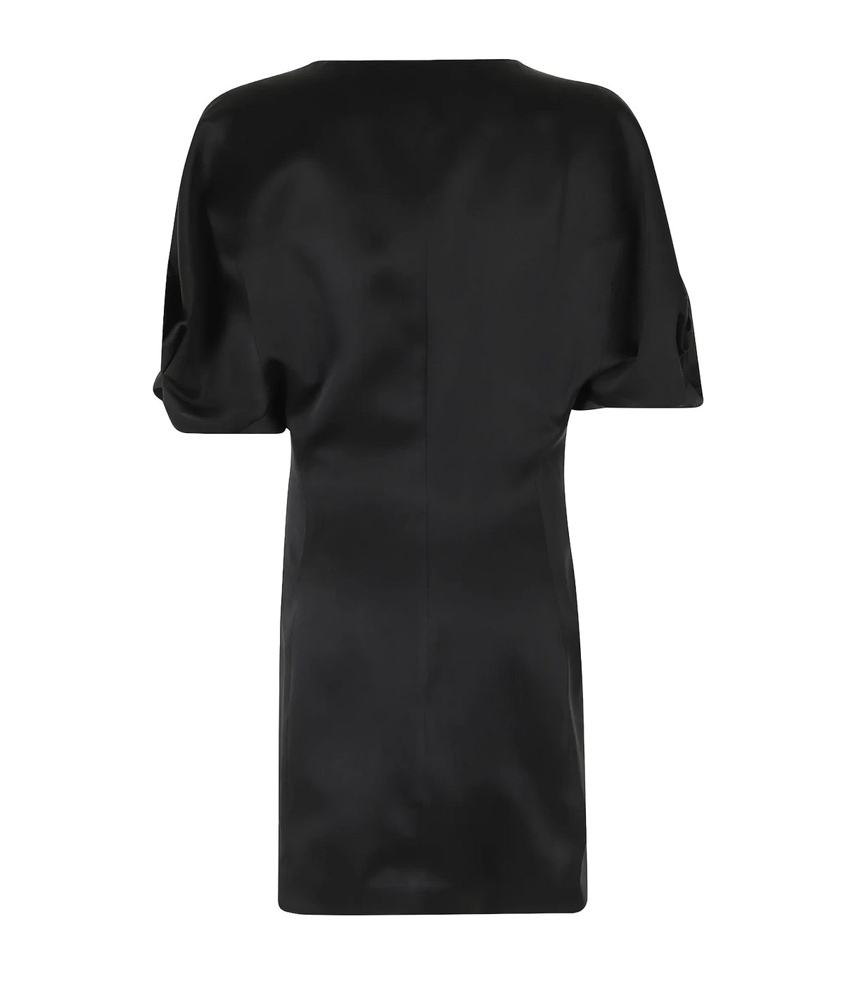 Back view of the Raquel Diniz Anastasia Short Dress in Black laid flat, showing the rounded draped sleeves and straight mini length