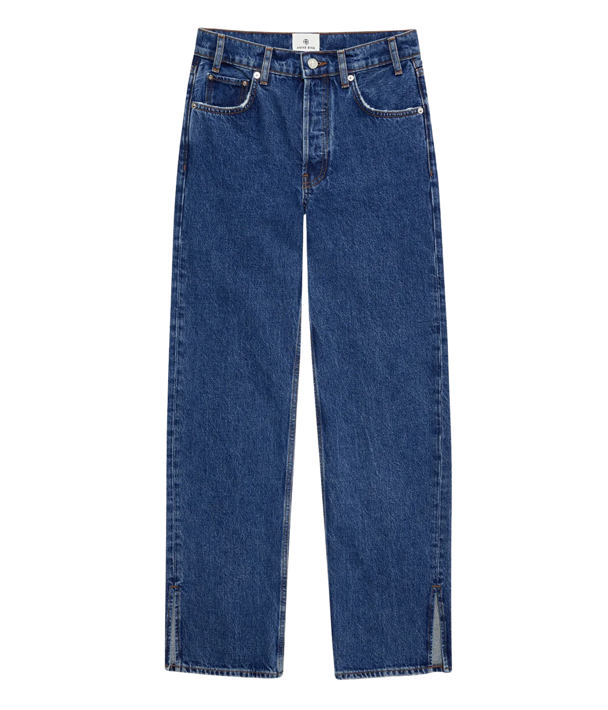 A pair of dark blue denim jeans with a straight-leg fit, featuring a classic five-pocket design and subtle split detailing at the hems, shown flat against a solid white background.