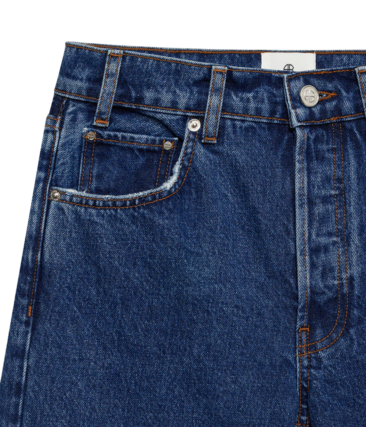 Close-up of a pair of dark blue denim jeans showing the waistband, belt loops, front pocket, and button closure on a white background.