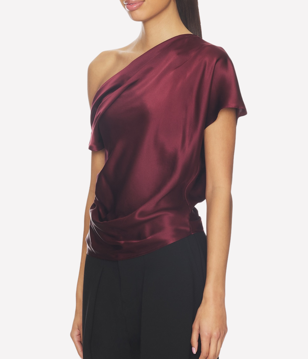 Silk Satin Assym Drape Top in Carmine