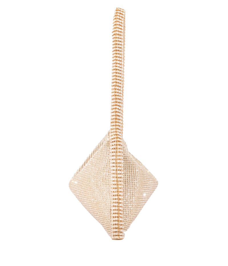 A gold beaded clutch purse with a diamond-shaped body and a long matching handle, shown against a plain white background.