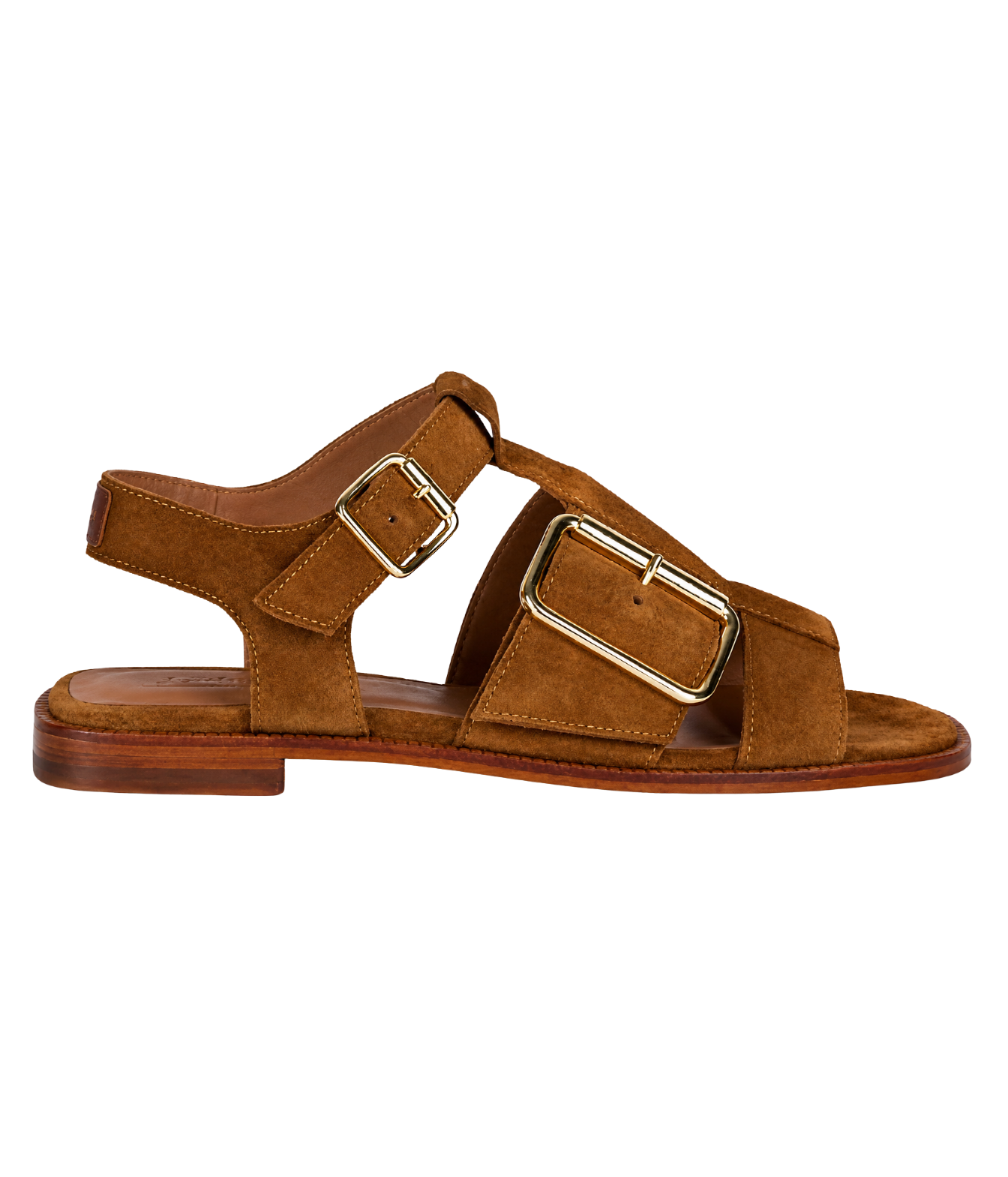 Anthology Paris - Rosilda Sandal in Acajou 377 - tan suede sandal with large gold buckle and cage feature around foot