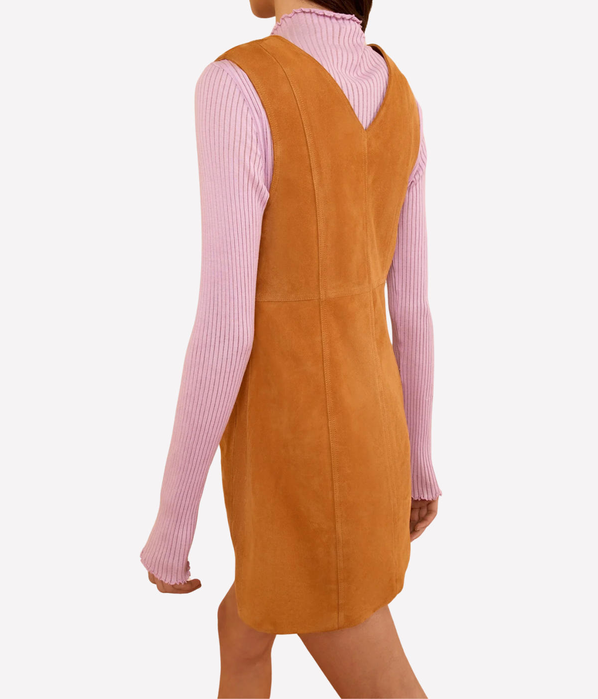 Ulla Johnson Sloane Suede Mini Dress in Cognac brown, back view showing the V-shaped neckline and waist seam.