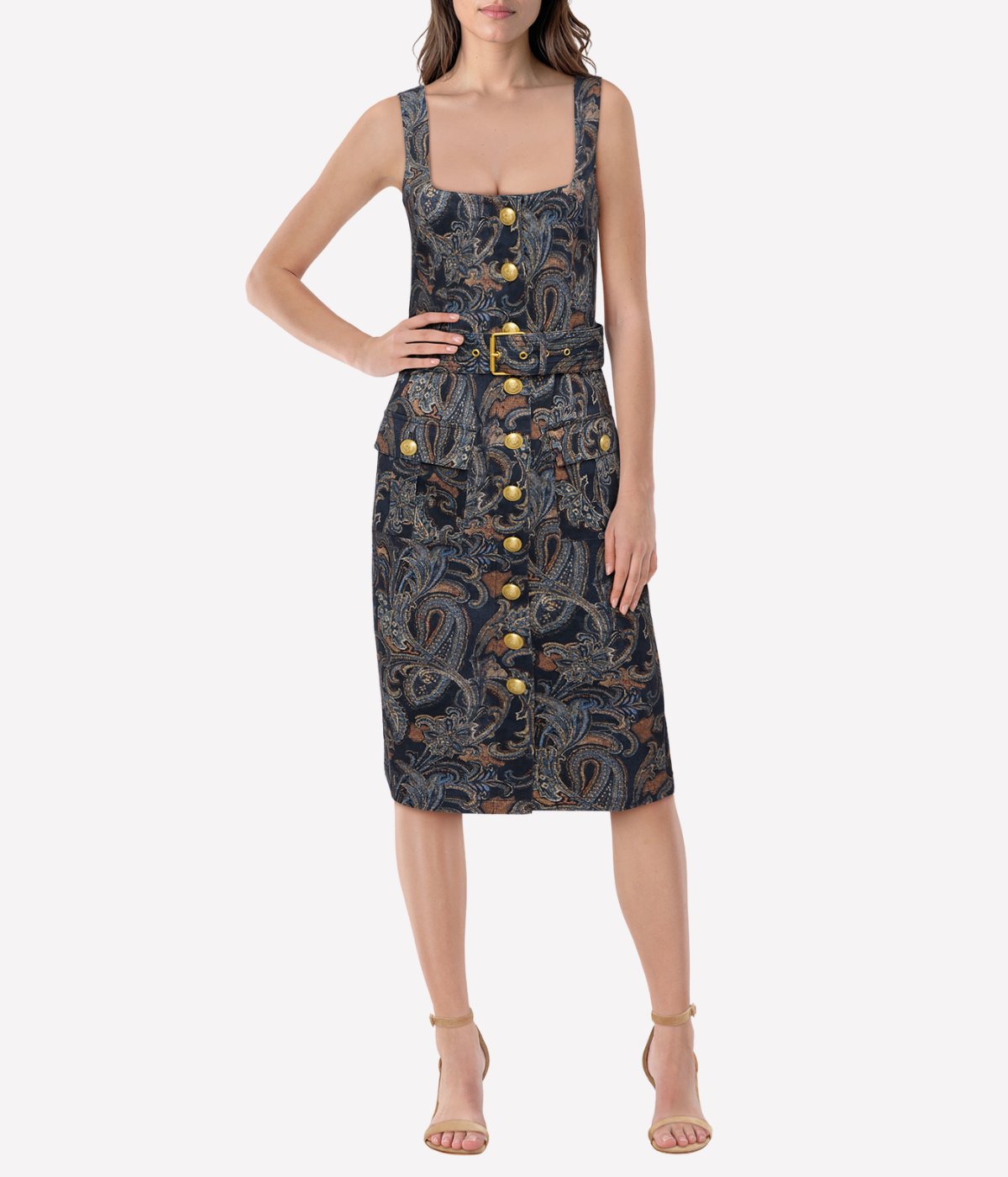 Idy Button Front Tank Dress in Midnight Multi Etched Paisley