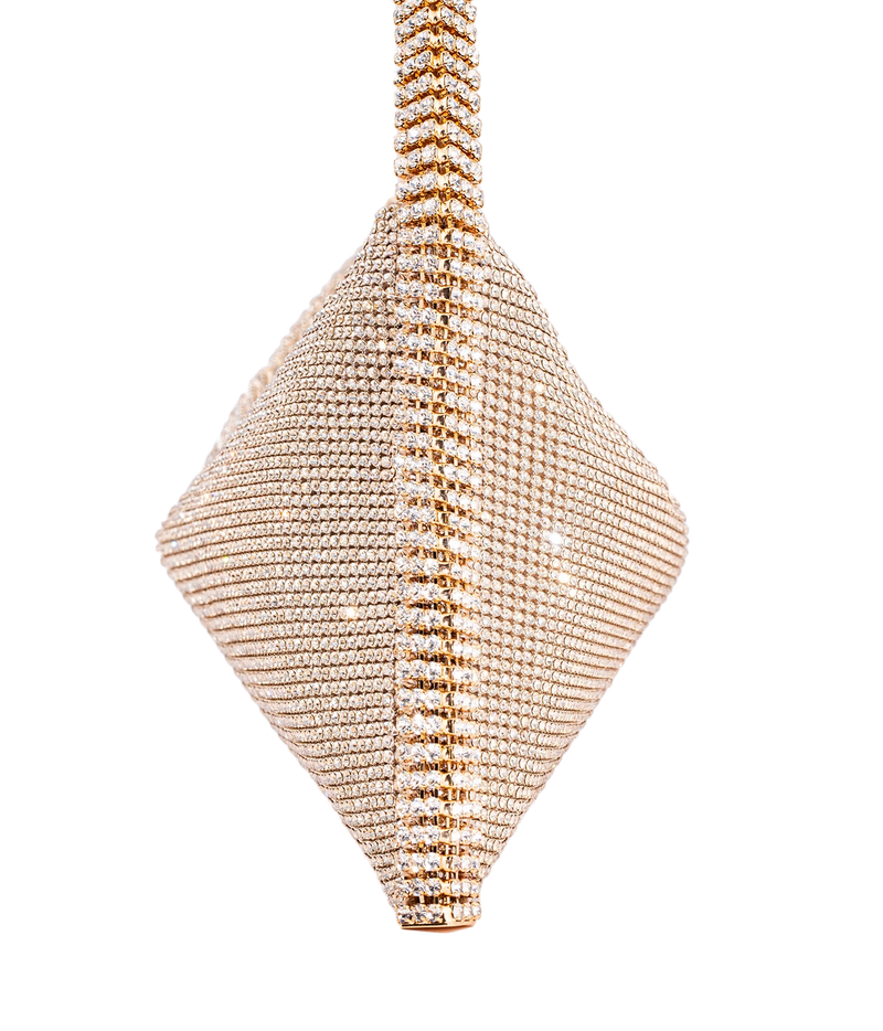 A rhinestone-embellished diamond-shaped hanging ornament or clutch with a vertical handle, shown against a plain white background.