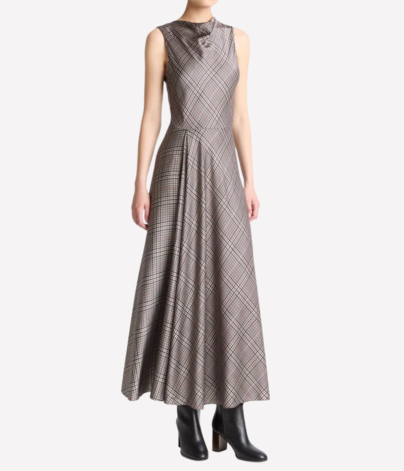 Pressed Plaid Cowl Neck Dress in Multi Plaid