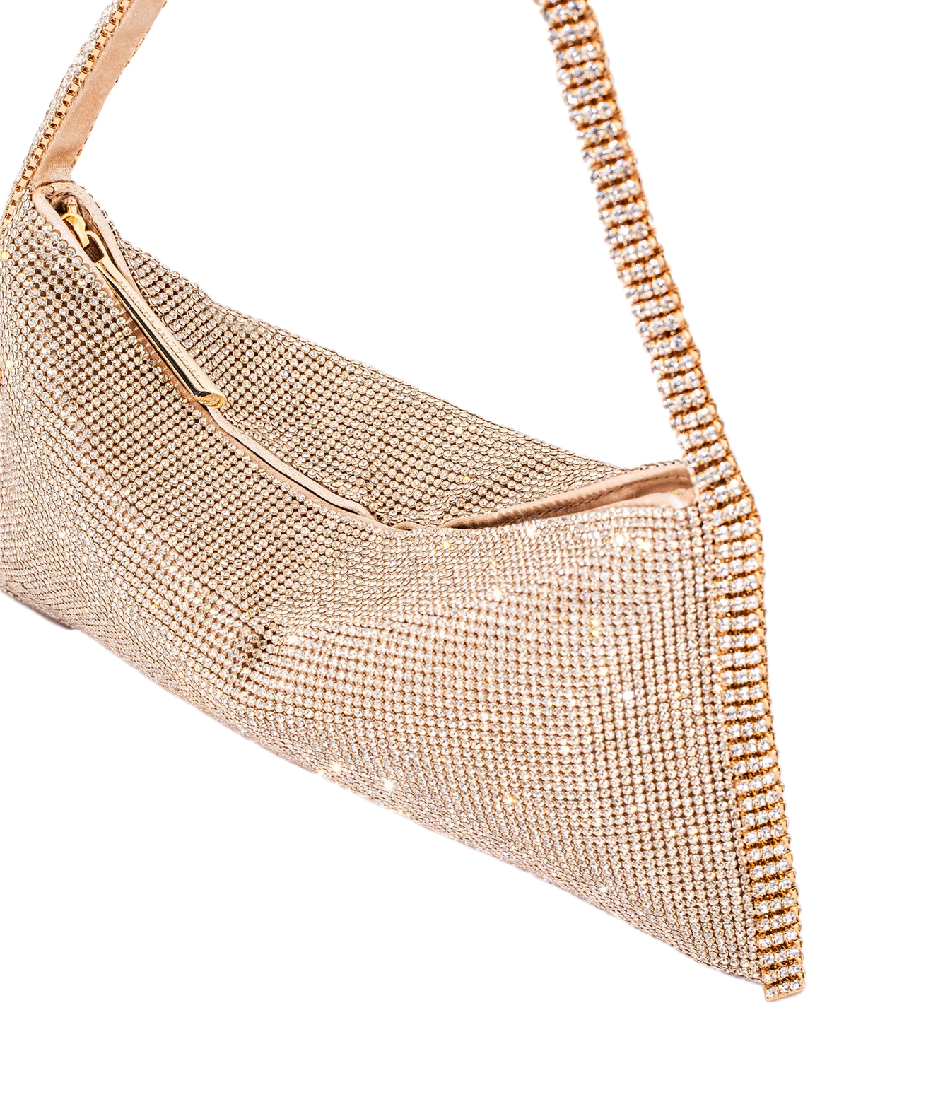 A close-up of a metallic rose gold evening clutch bag covered in sparkling rhinestones, featuring a gold-tone zipper and a matching rhinestone-embellished shoulder strap, set against a plain white background.