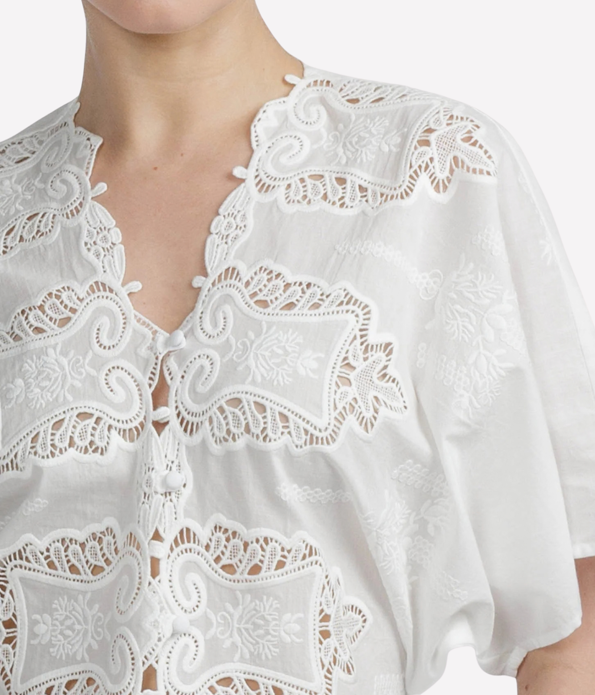 Close-up of the CISSA Femme Shirt in White Vintage showing the embroidered lace panels and button front