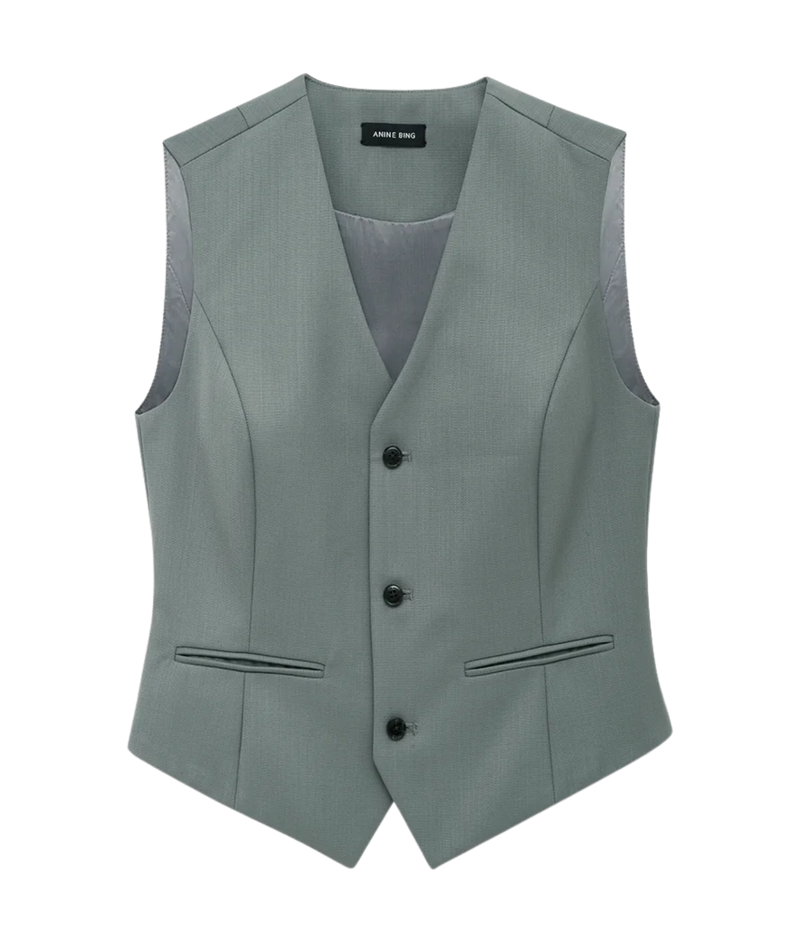 Anine Bing Mario Vest in Sage laid flat, showing the V-neckline, three-button front, two welt pockets